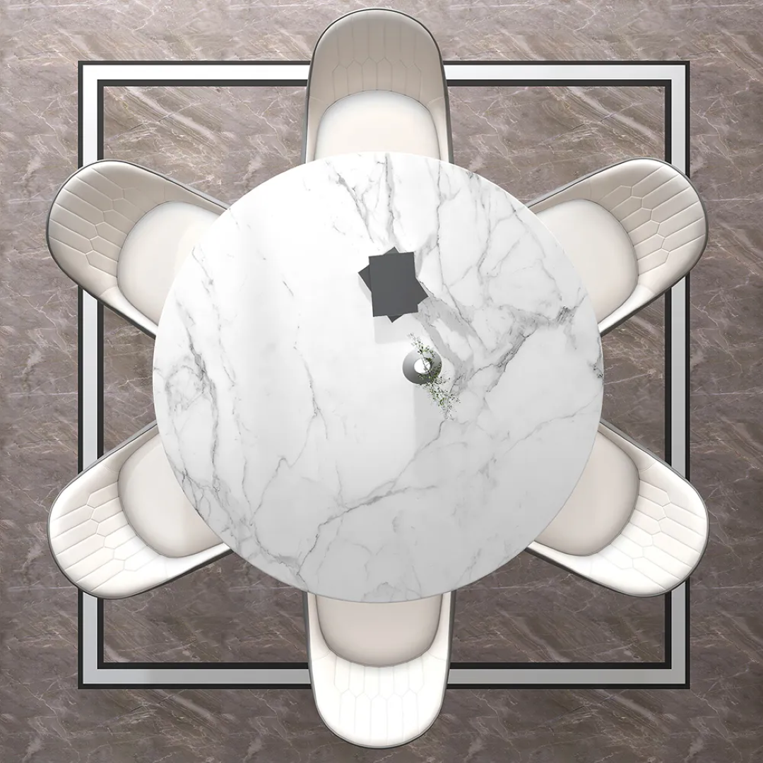 Modern Round White Marble Dining Table with Golden Base & Dual-Tone Upholstered Chairs – 6 Seater