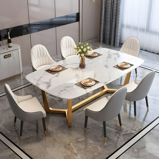 Modern White Marble Dining Table Set with Golden Base & Shell-Back Chairs – 6 Seater