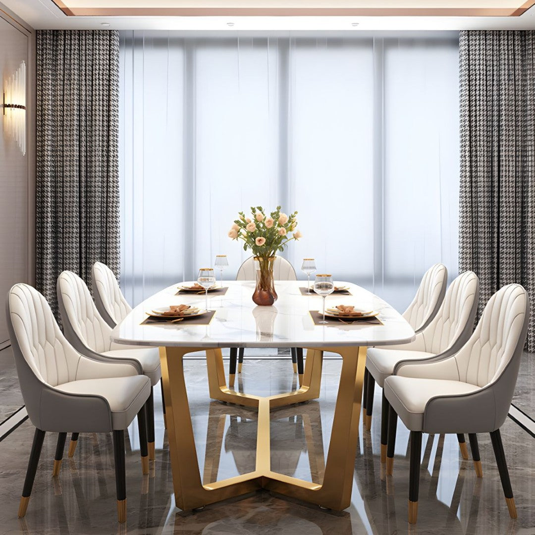Modern White Marble Dining Table Set with Golden Base & Shell-Back Chairs – 6 Seater
