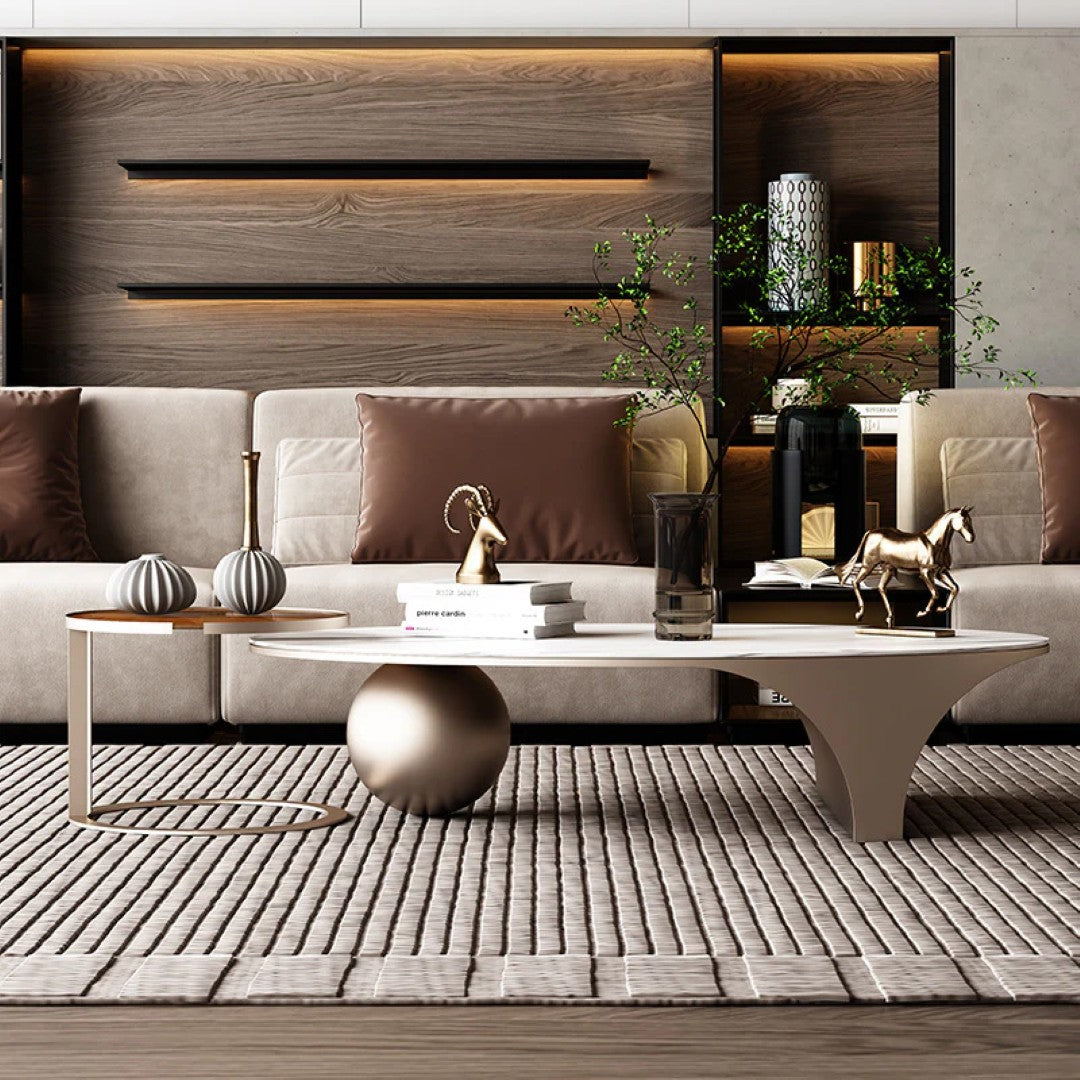 Modern Oval Marble Coffee Table Set with Metallic Sphere Base & Wooden Side Table
