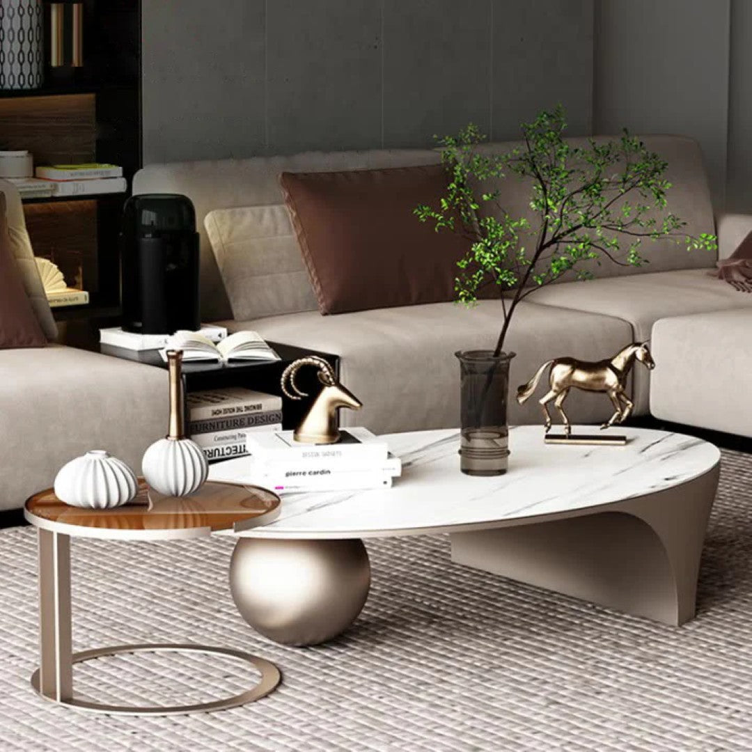 Modern Oval Marble Coffee Table Set with Metallic Sphere Base & Wooden Side Table