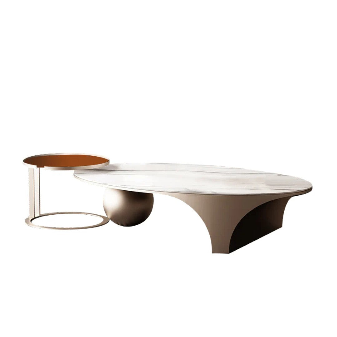 Modern Oval Marble Coffee Table Set with Metallic Sphere Base & Wooden Side Table