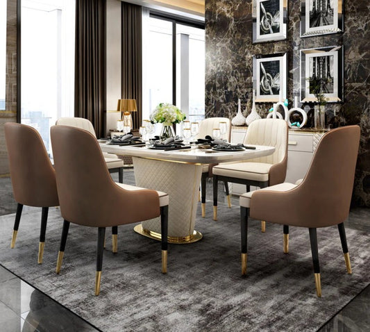 Oval White Marble Dining Table with Quilted Base & Upholstered Chairs (6-Seater)