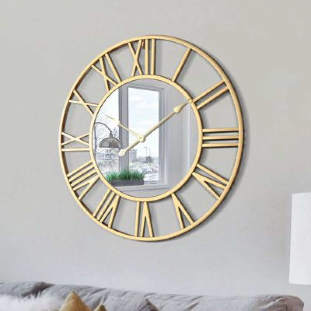 Elegant Gold Roman Numeral Wall Clock with Mirror Center