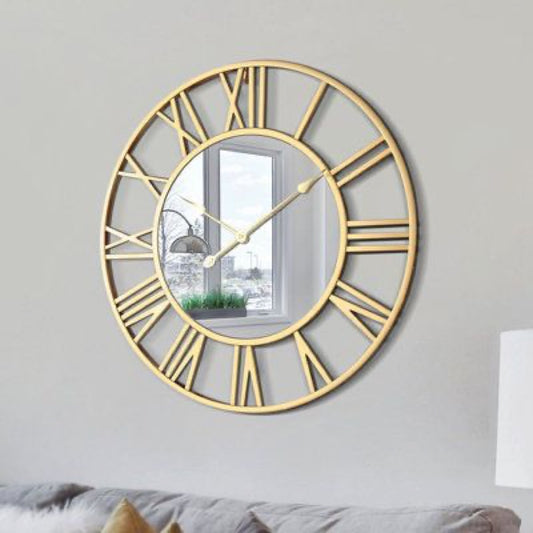 Elegant Gold Roman Numeral Wall Clock with Mirror Center