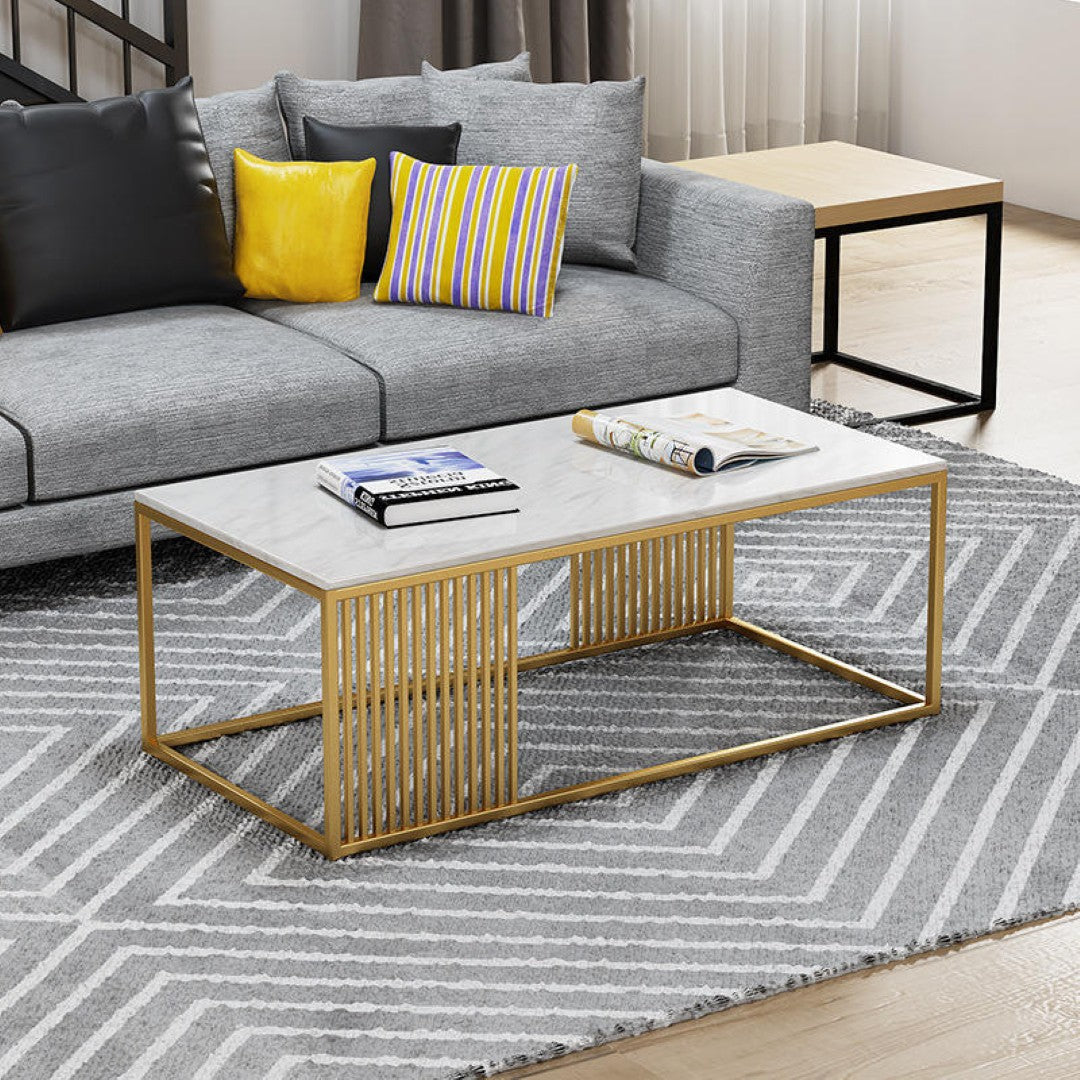 Modern Rectangular White Marble Coffee Table with Golden Stripe Base