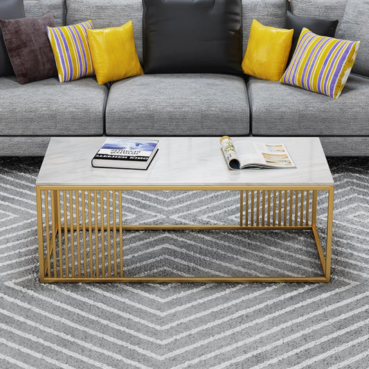 Modern Rectangular White Marble Coffee Table with Golden Stripe Base