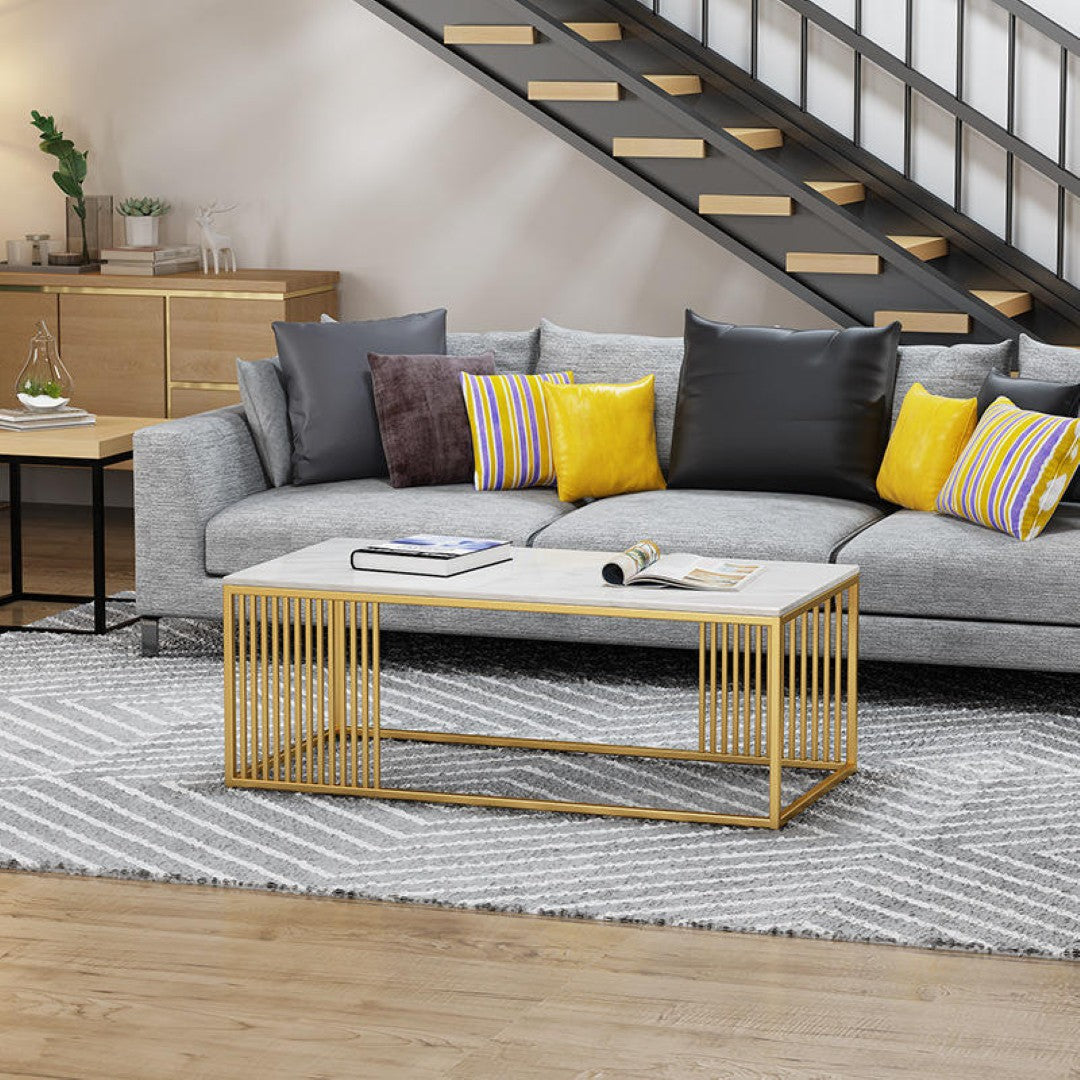 Modern Rectangular White Marble Coffee Table with Golden Stripe Base