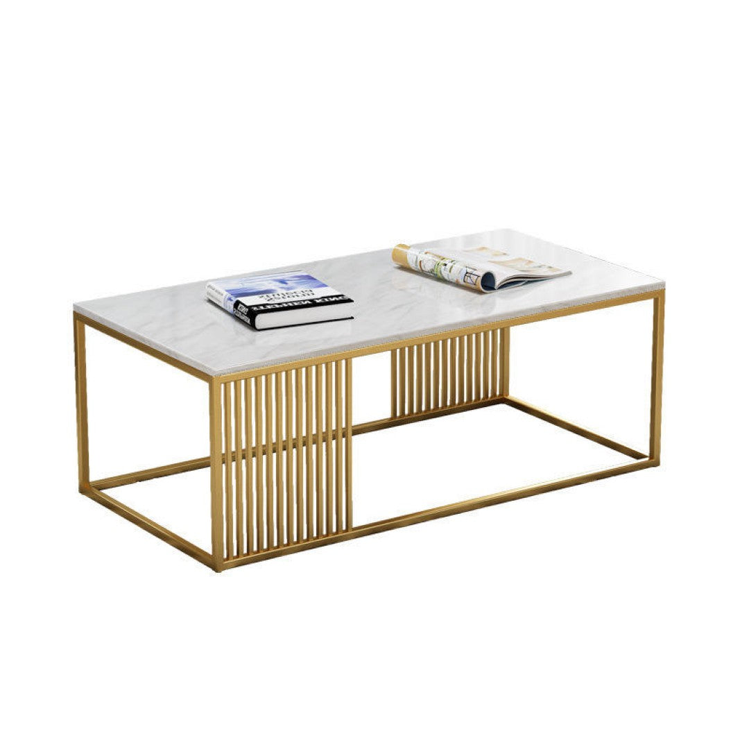 Modern Rectangular White Marble Coffee Table with Golden Stripe Base