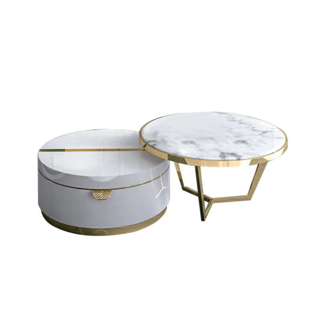 Luxury Round Marble Coffee Table Set with White Storage Base & Golden Accents