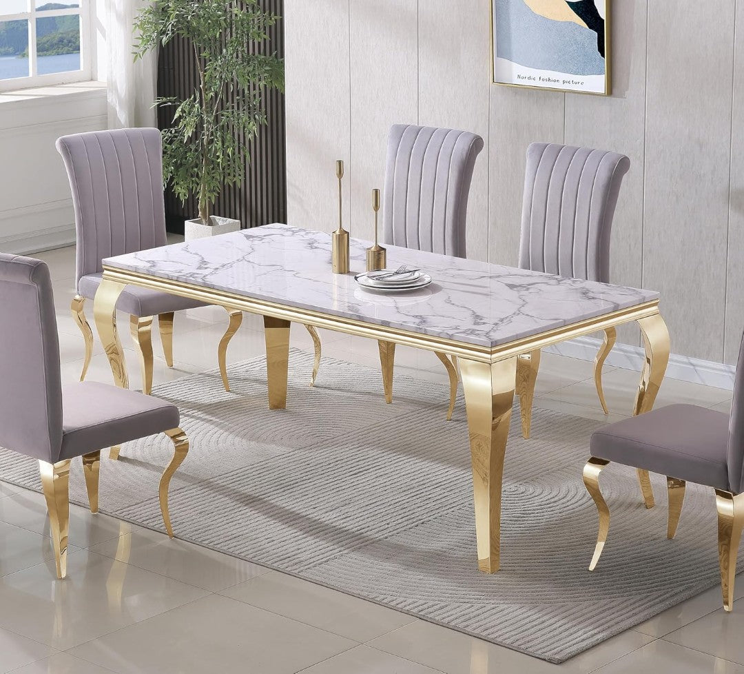 Royal White Marble Dining Table with Golden Legs & Black High-Back Chairs (6-Seater)