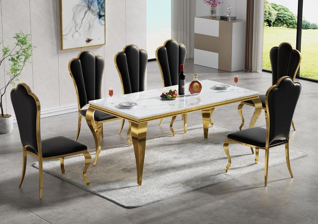 Royal White Marble Dining Table with Golden Legs & Black High-Back Chairs (6-Seater)
