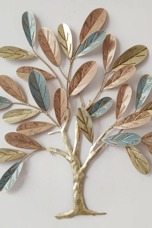 Elegant Tree Metal Wall Art – Gold, Copper & Blue Leaf Design