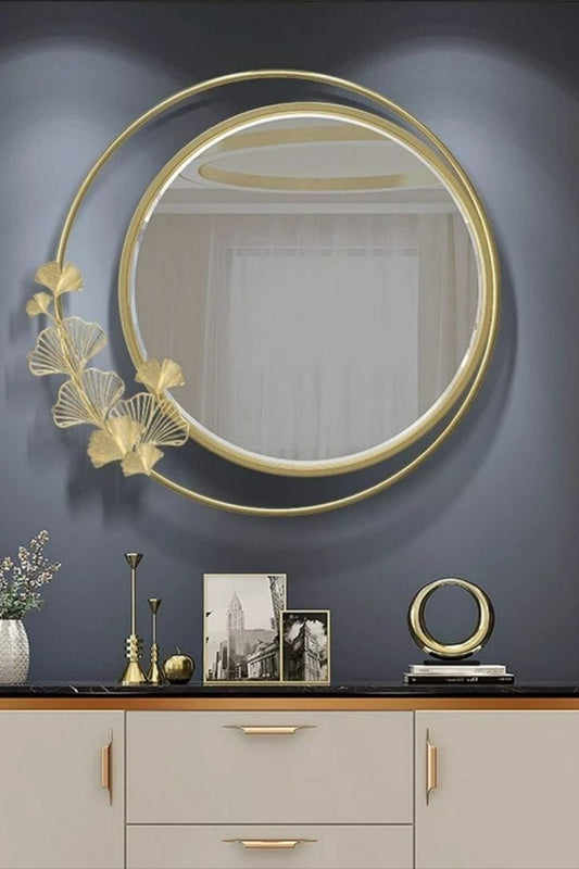 Elegant Gold Framed Circular Mirror with Ginkgo Leaf Design
