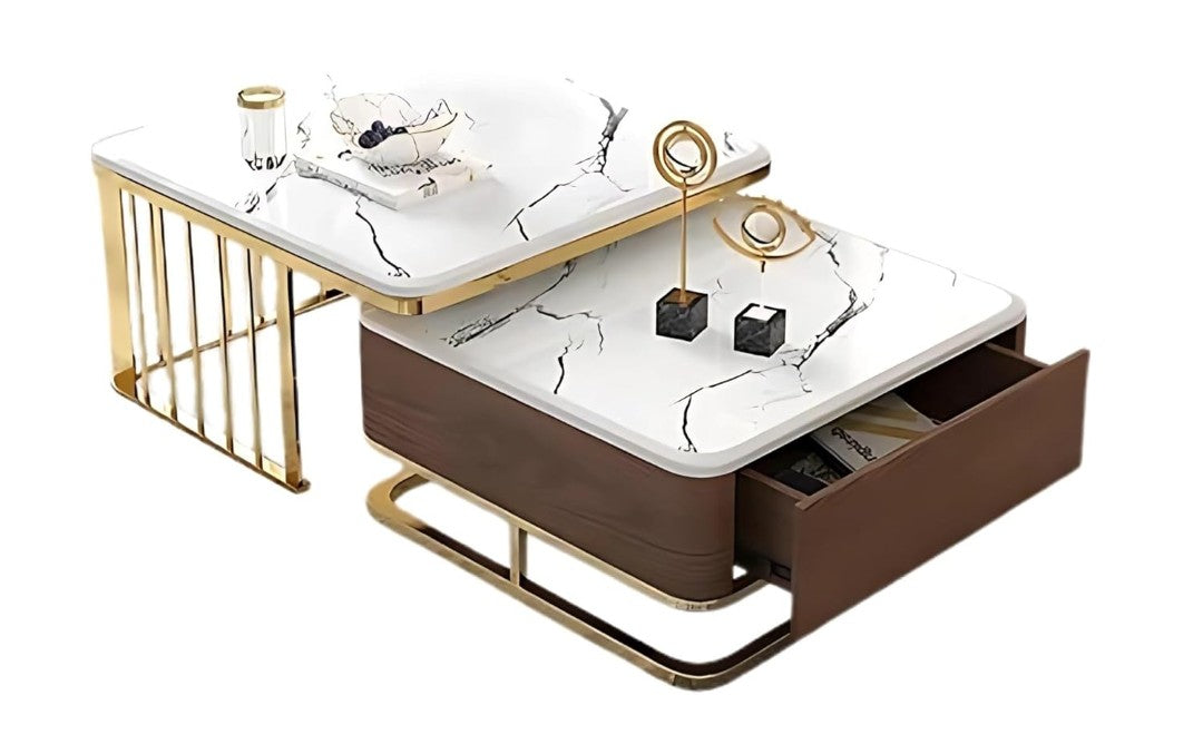 Luxury White Marble Coffee Table Set with Wooden Base, Golden Frame & Storage Drawer