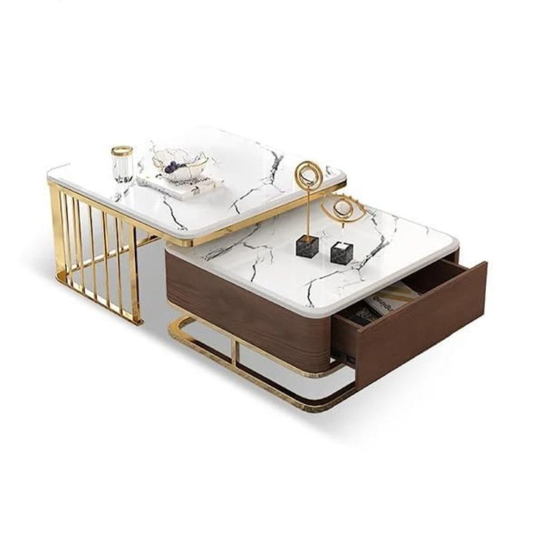 Luxury White Marble Coffee Table Set with Wooden Base, Golden Frame & Storage Drawer