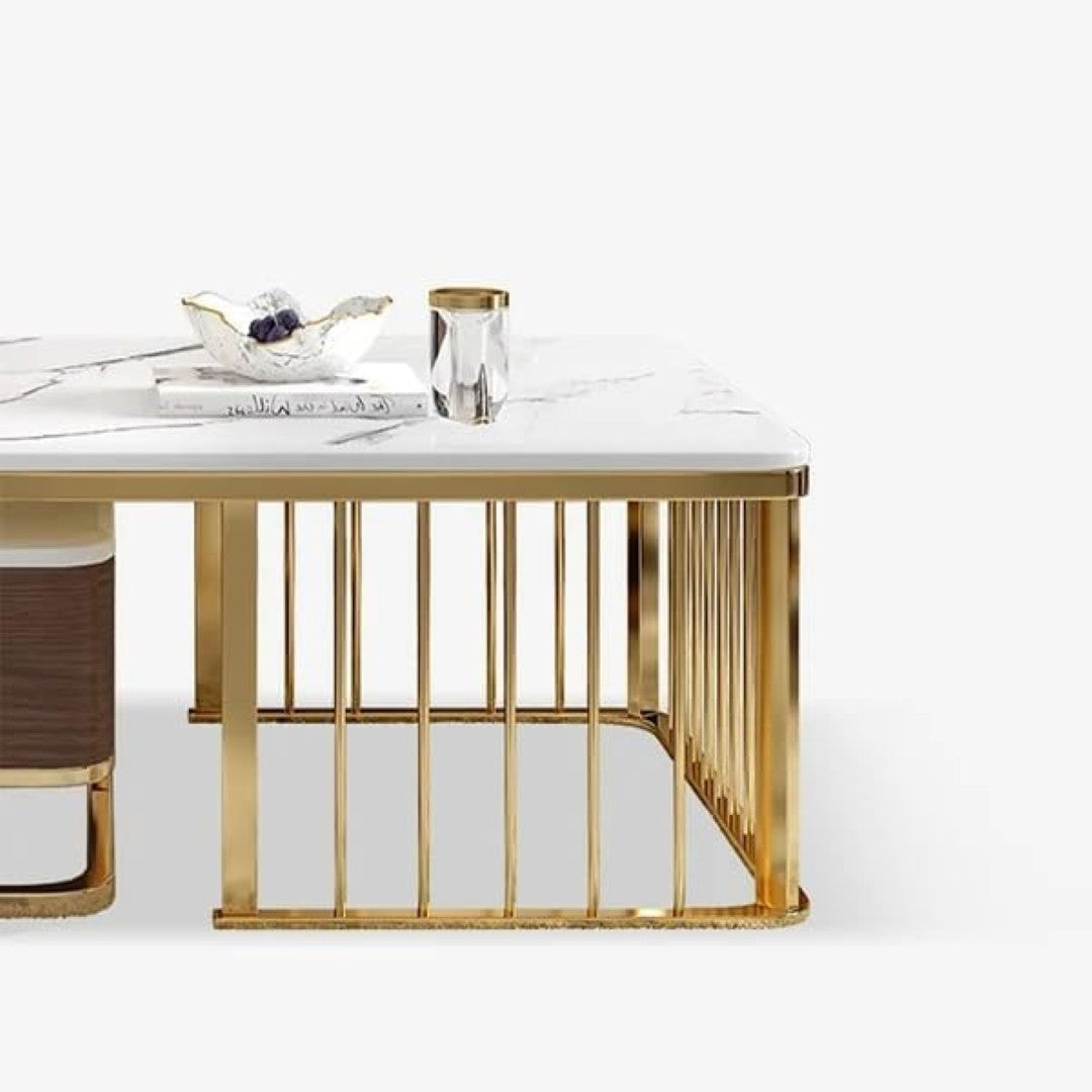 Luxury White Marble Coffee Table Set with Wooden Base, Golden Frame & Storage Drawer
