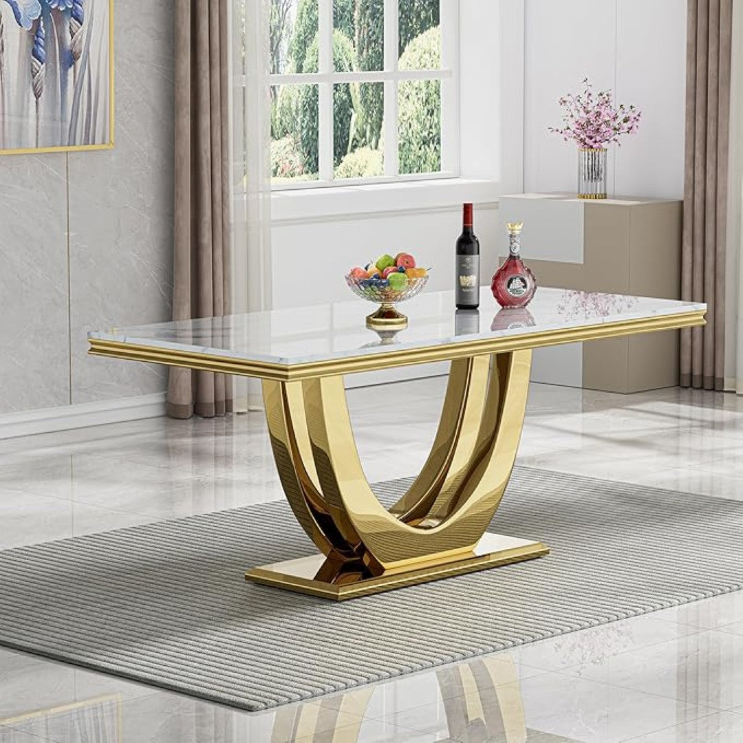 White Marble Dining Table with Gold Base & White High-Back Chairs (6-Seater)