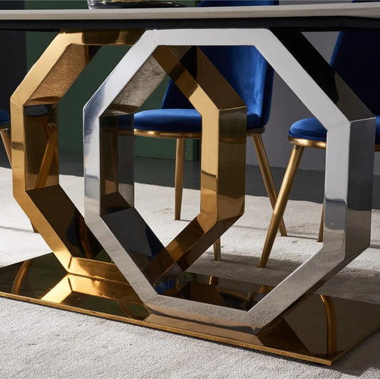 White Marble Dining Table with Gold Base & Blue Velvet Chairs (6-Seater)