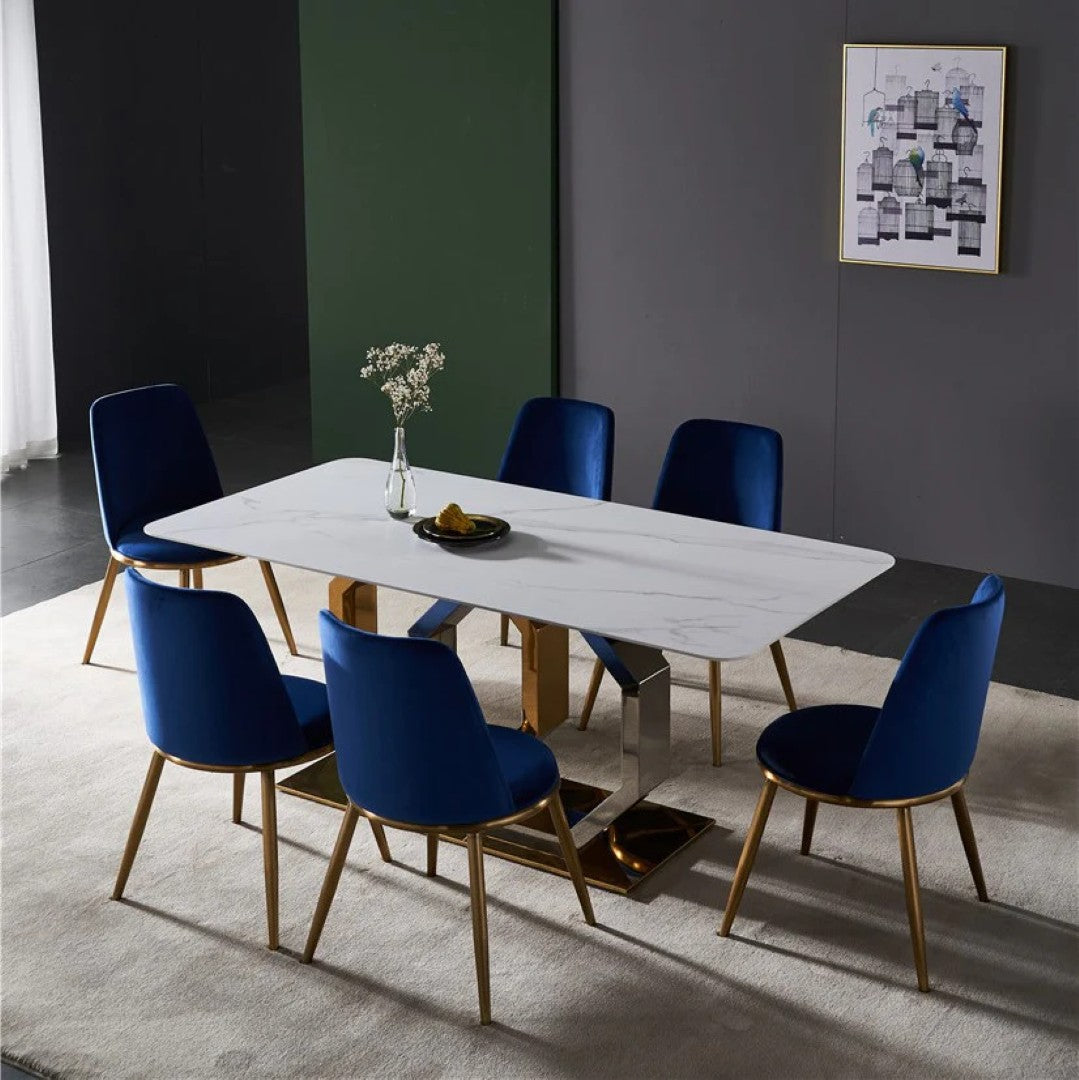 White Marble Dining Table with Gold Base & Blue Velvet Chairs (6-Seater)