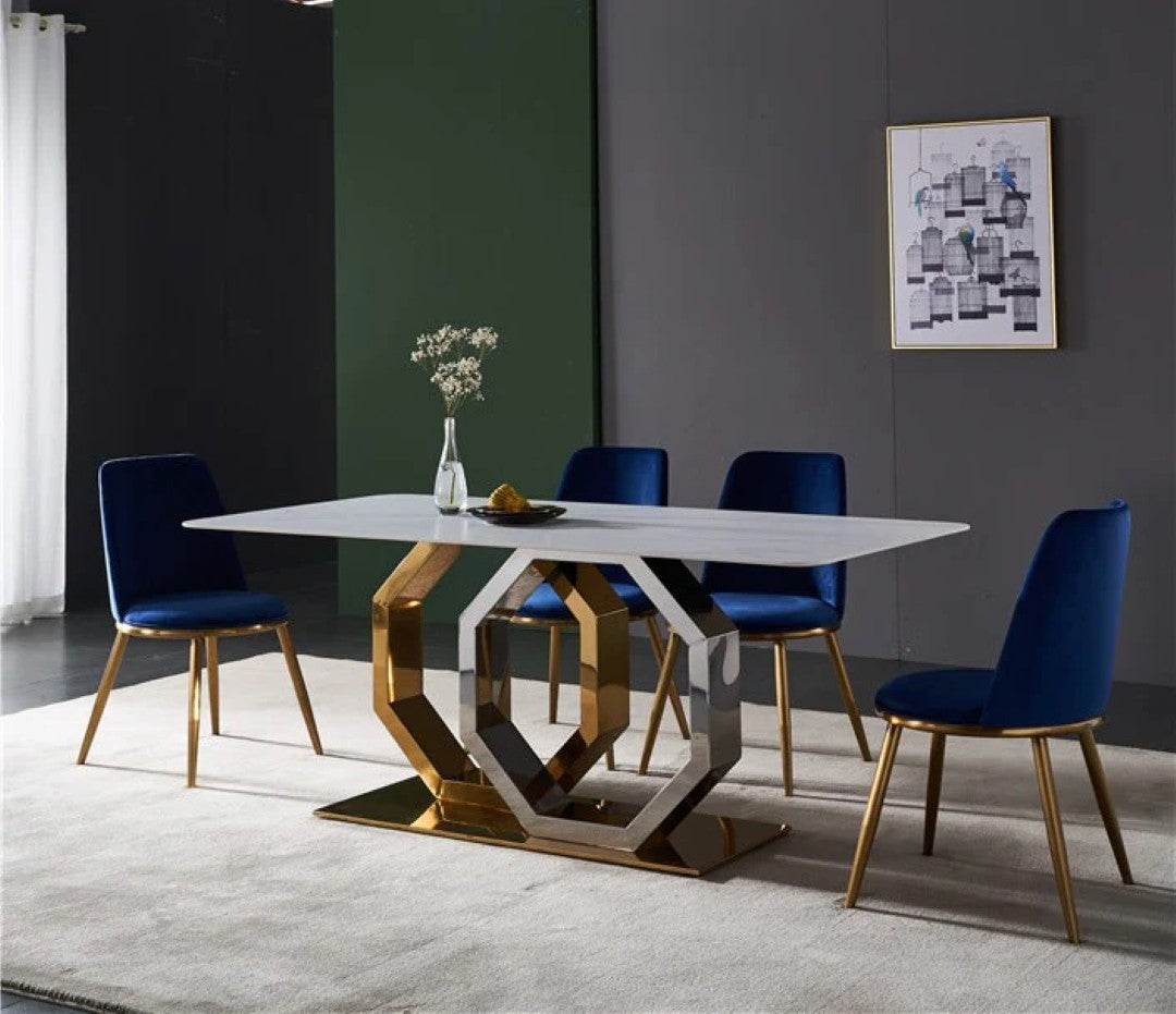 White Marble Dining Table with Gold Base & Blue Velvet Chairs (6-Seater)