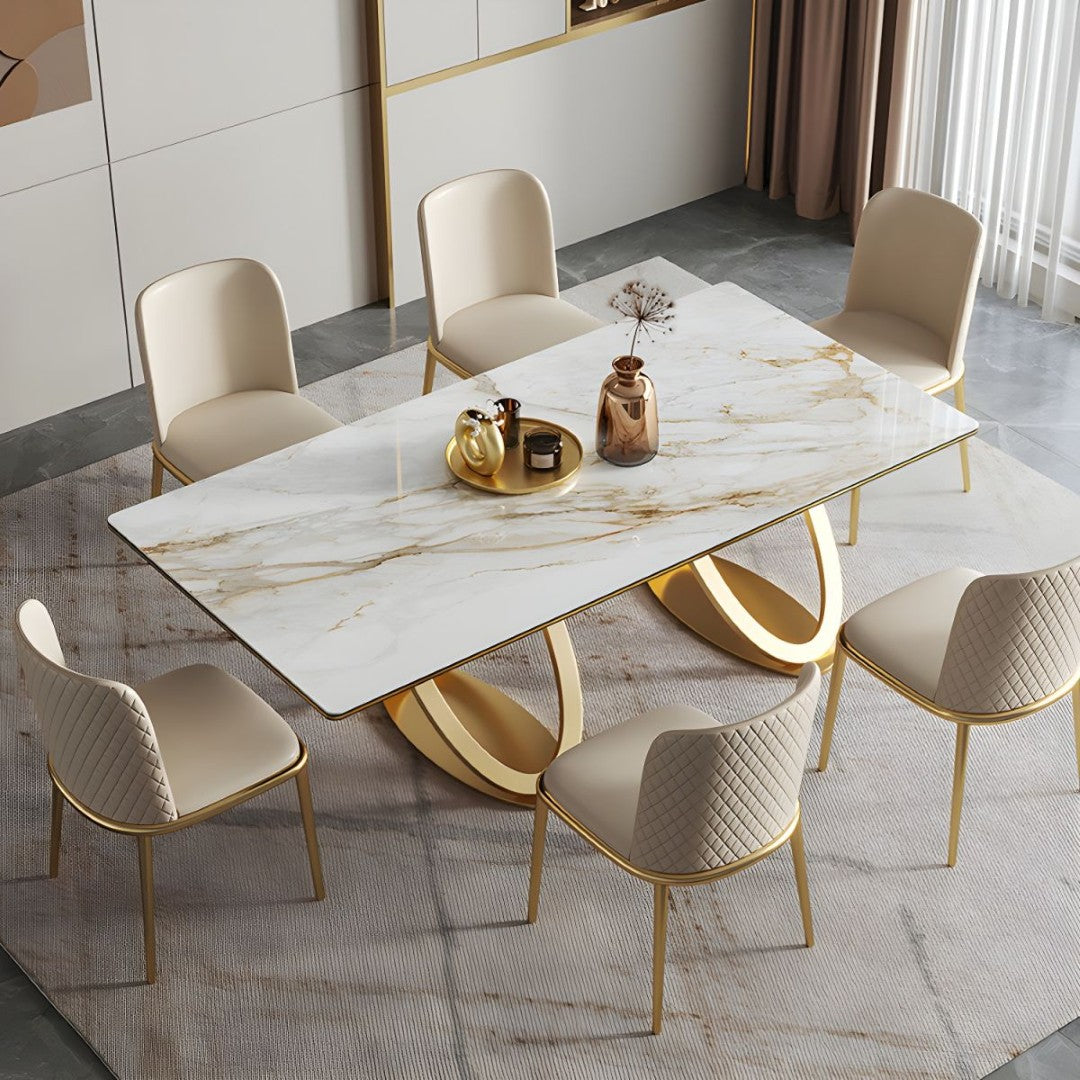 Luxury White Marble Dining Table with Golden Infinity Base – Modern With 6 Chair