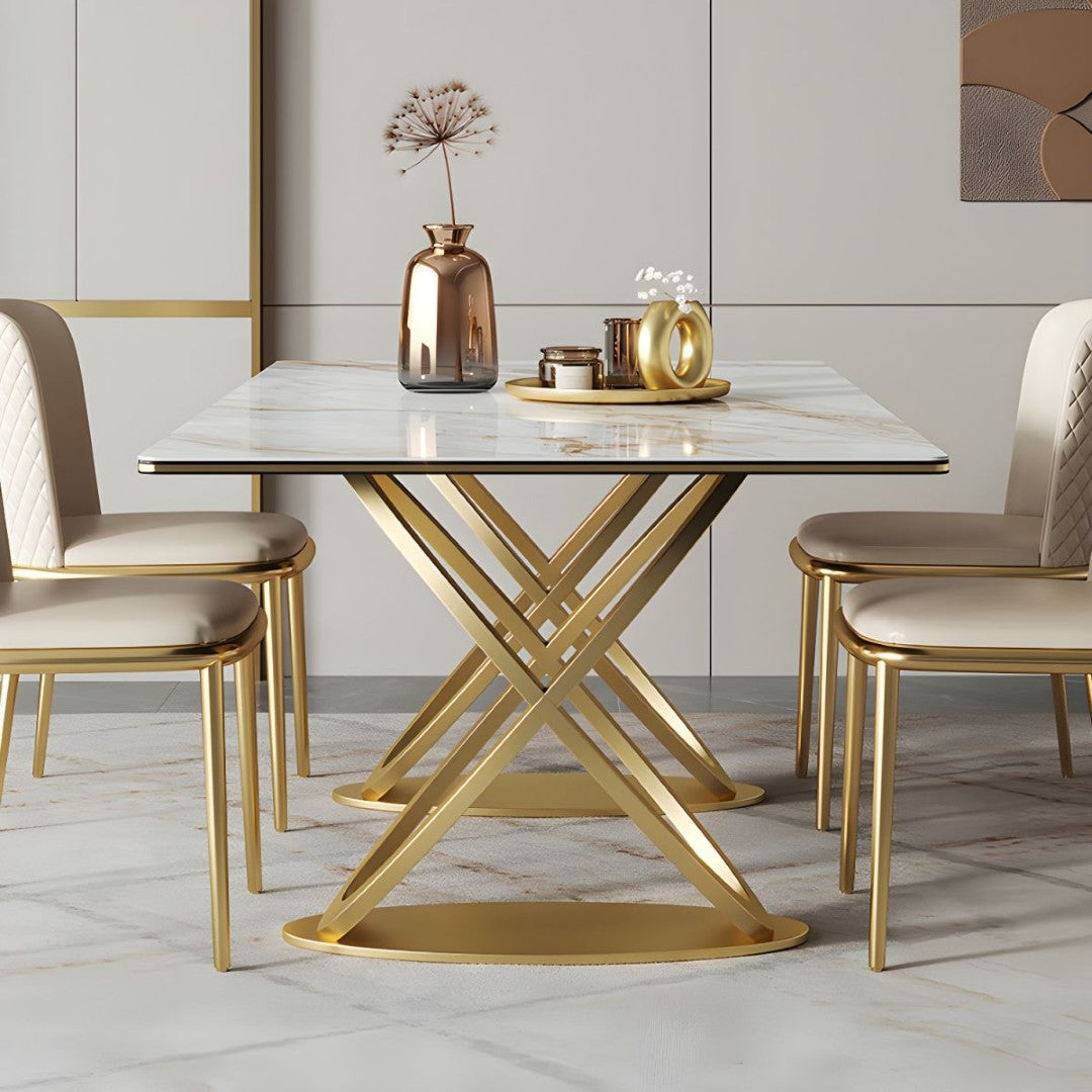 Luxury White Marble Dining Table with Golden Infinity Base – Modern With 6 Chair
