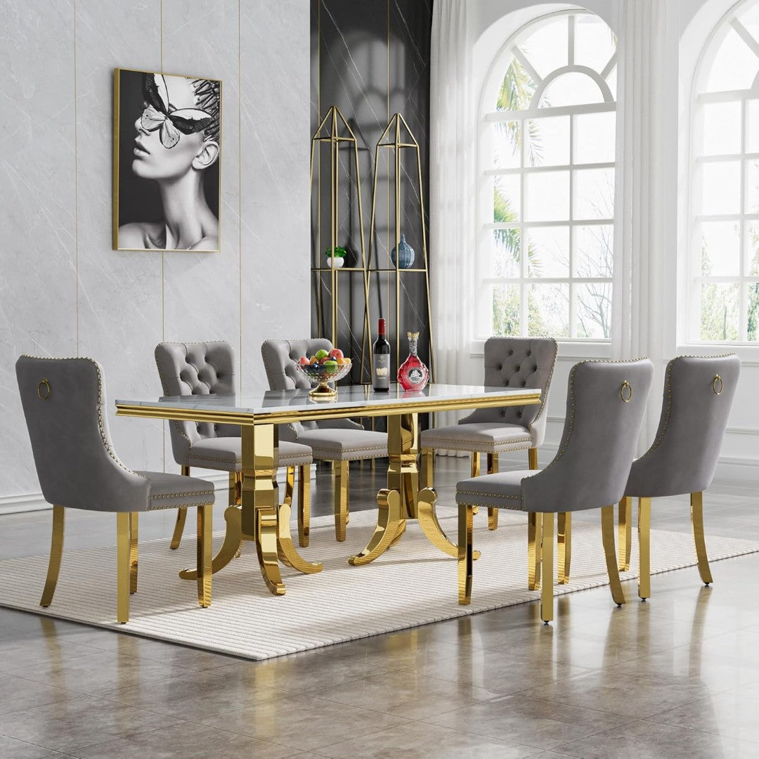 Luxury 7-Piece White Marble Dining Table with Golden Legs & Grey Tufted Chairs