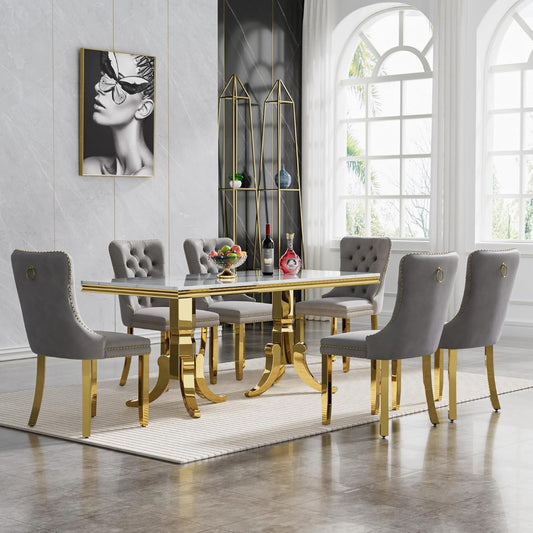 Luxury 7-Piece White Marble Dining Table with Golden Legs & Grey Tufted Chairs