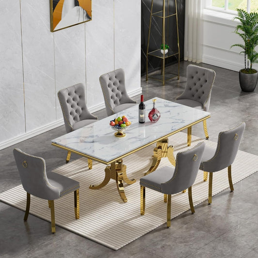 Luxury 7-Piece White Marble Dining Table with Golden Legs & Grey Tufted Chairs