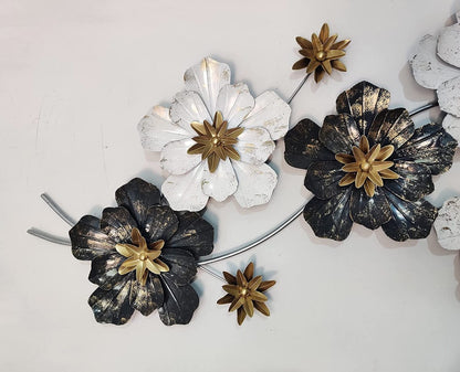 Luxury 3D Metal Floral Wall Art – Black & White Flowers with Golden Accents