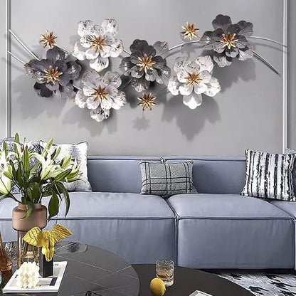 Luxury 3D Metal Floral Wall Art – Black & White Flowers with Golden Accents