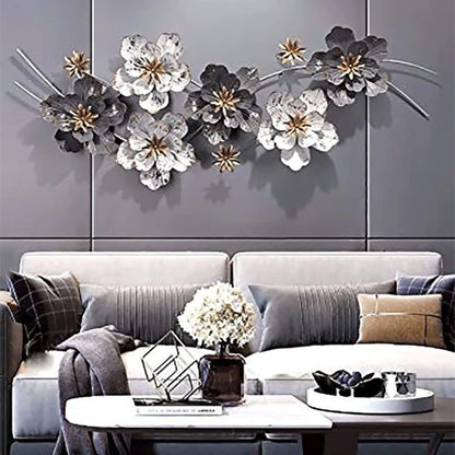 Luxury 3D Metal Floral Wall Art – Black & White Flowers with Golden Accents