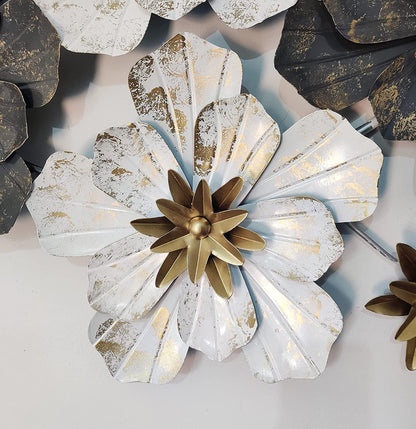 Luxury 3D Metal Floral Wall Art – Black & White Flowers with Golden Accents