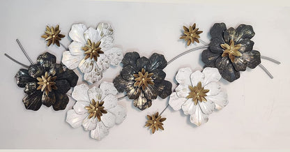 Luxury 3D Metal Floral Wall Art – Black & White Flowers with Golden Accents