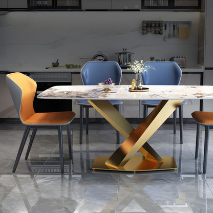 Luxury Marble Dining Table with Golden V-Base & Multi-Color Chairs (6-Seater)