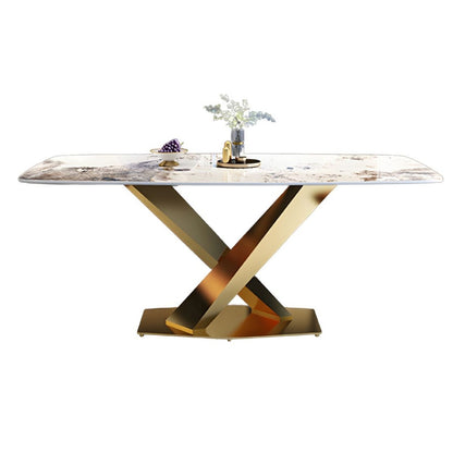 Luxury Marble Dining Table with Golden V-Base & Multi-Color Chairs (6-Seater)