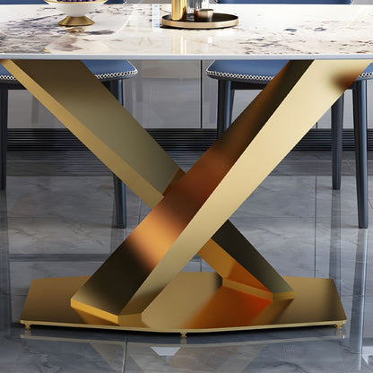 Luxury Marble Dining Table with Golden V-Base & Multi-Color Chairs (6-Seater)