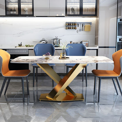Luxury Marble Dining Table with Golden V-Base & Multi-Color Chairs (6-Seater)
