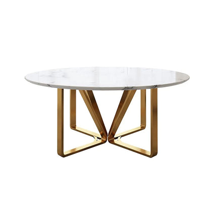 Round White Marble Dining Table with Golden Base & Mustard-Black Chairs (6-Seater)