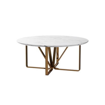 Round White Marble Dining Table with Golden Base & Mustard-Black Chairs (6-Seater)