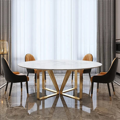 Round White Marble Dining Table with Golden Base & Mustard-Black Chairs (6-Seater)
