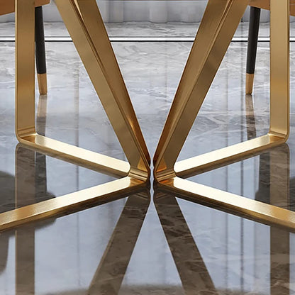 Round White Marble Dining Table with Golden Base & Mustard-Black Chairs (6-Seater)