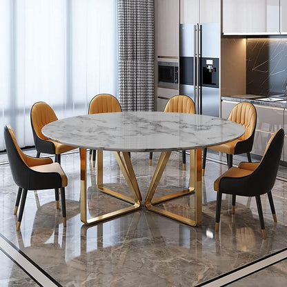 Round White Marble Dining Table with Golden Base & Mustard-Black Chairs (6-Seater)