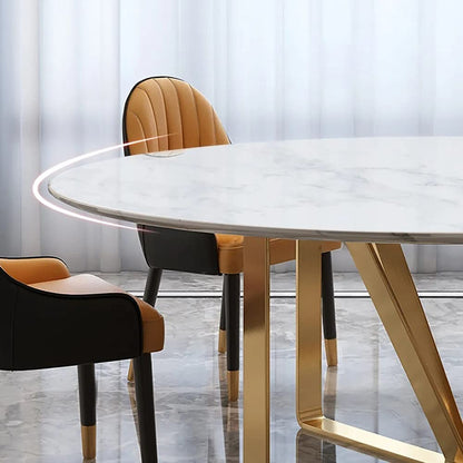 Round White Marble Dining Table with Golden Base & Mustard-Black Chairs (6-Seater)