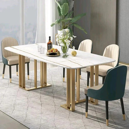 White Marble Dining Table with Golden Stainless Steel Base & Modern Cushioned Chairs (6-Seater)