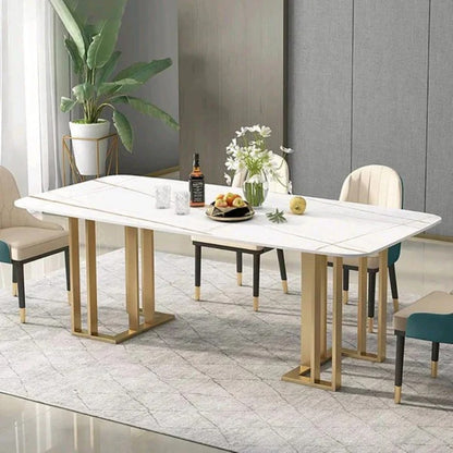White Marble Dining Table with Golden Stainless Steel Base & Modern Cushioned Chairs (6-Seater)