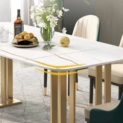 White Marble Dining Table with Golden Stainless Steel Base & Modern Cushioned Chairs (6-Seater)