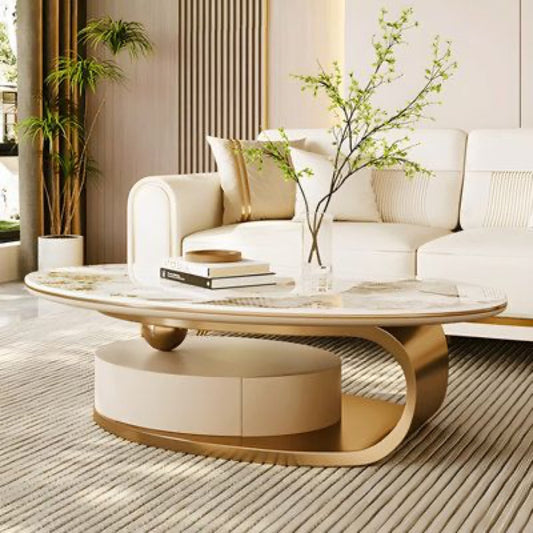 Elegant Oval Marble-Top Coffee Table with Golden Accents