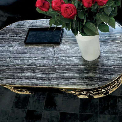 Luxury Black Marble Coffee Table with Golden Geometric Metal Base